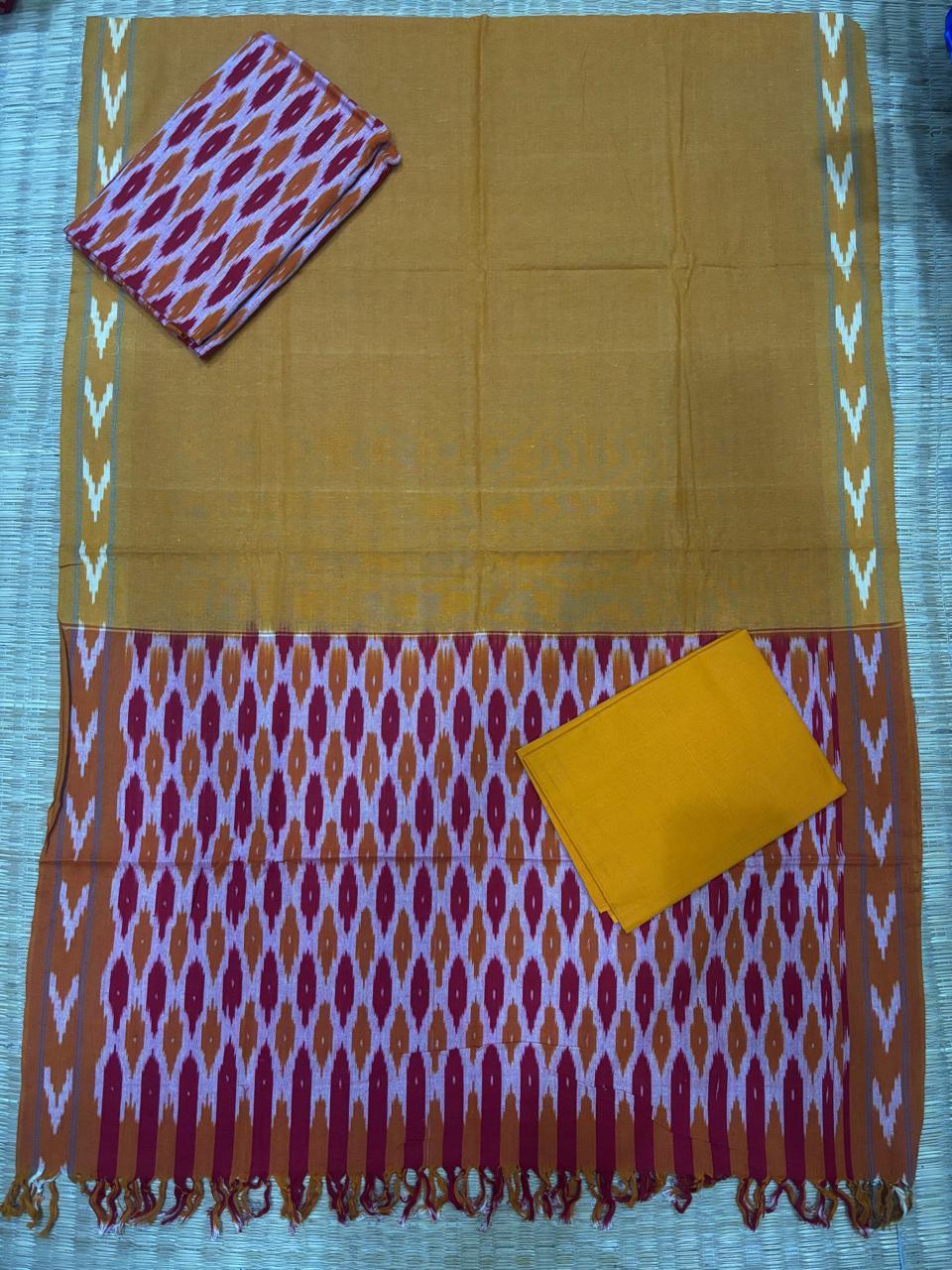 Ikkat Dress Material Yellow Orange - pochampallysarees.com