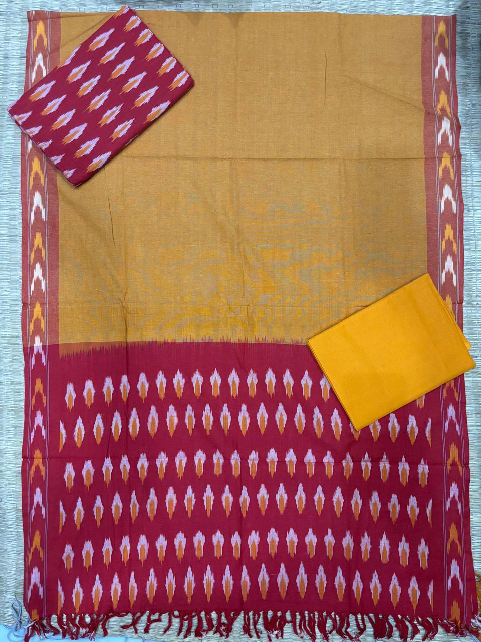 Ikkat Dress Material Yellow Red - pochampallysarees.com