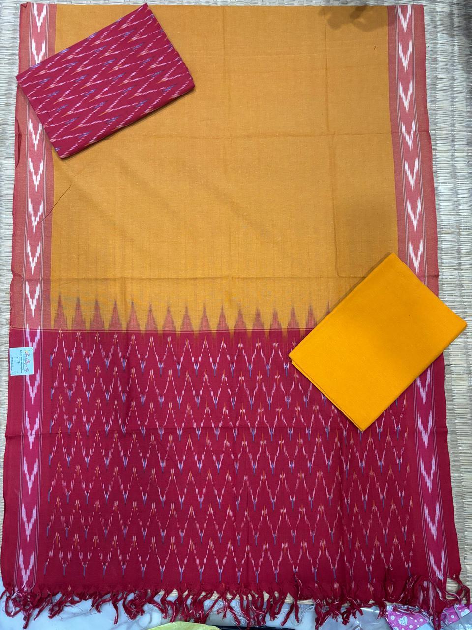 Ikkat Dress Material Yellow Red - pochampallysarees.com