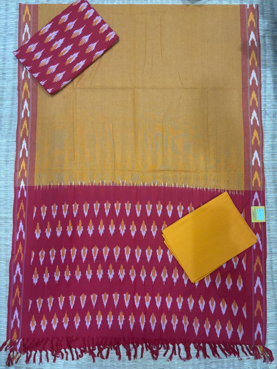 Ikkat Dress Material Yellow Red - pochampallysarees.com