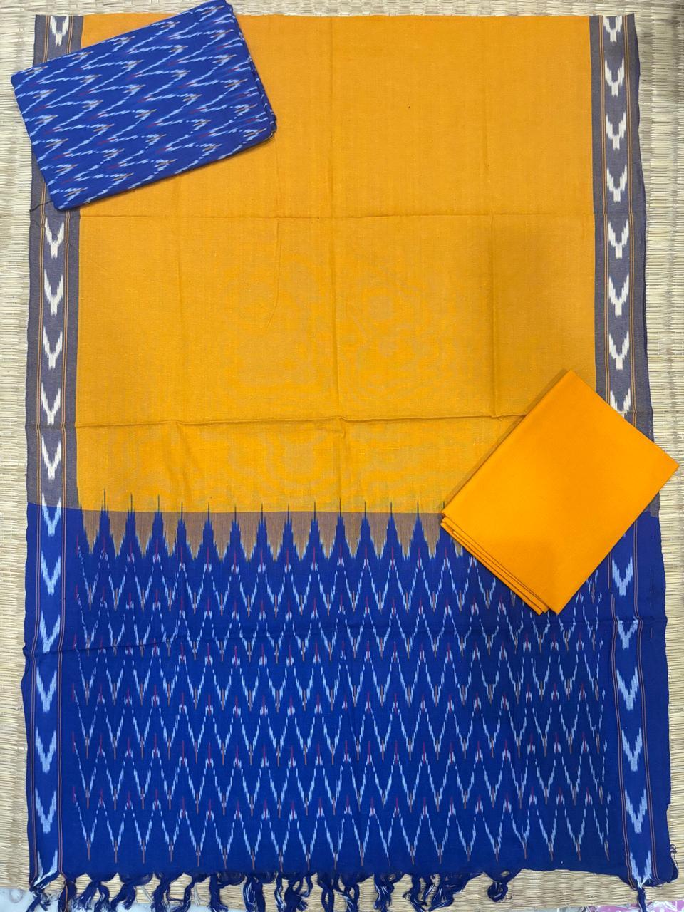 Ikkat Dress Material Yellow Royal Blue - pochampallysarees.com