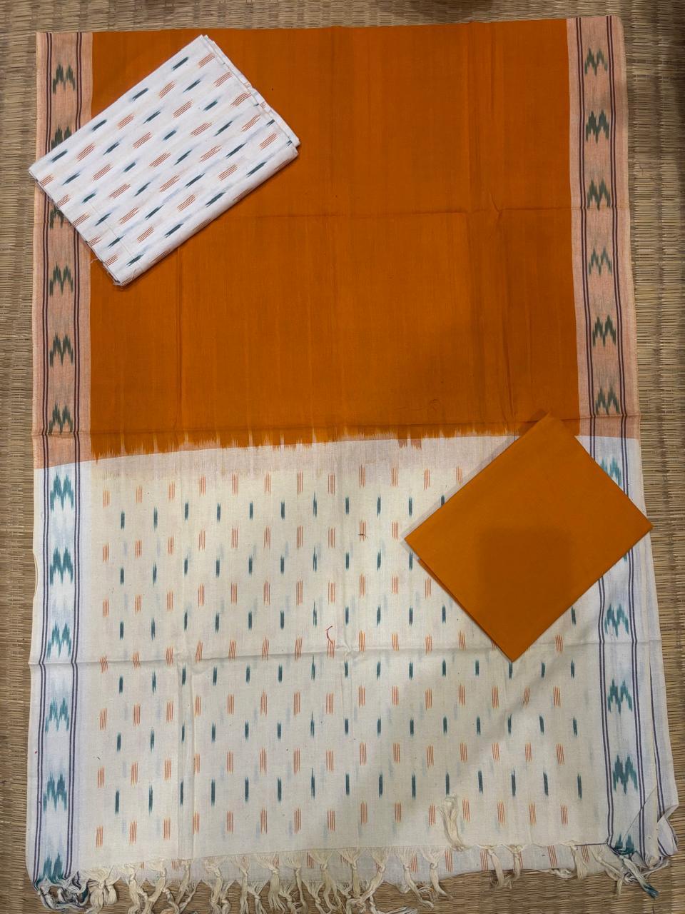 Ikkat Dress Material Yellow White - pochampallysarees.com