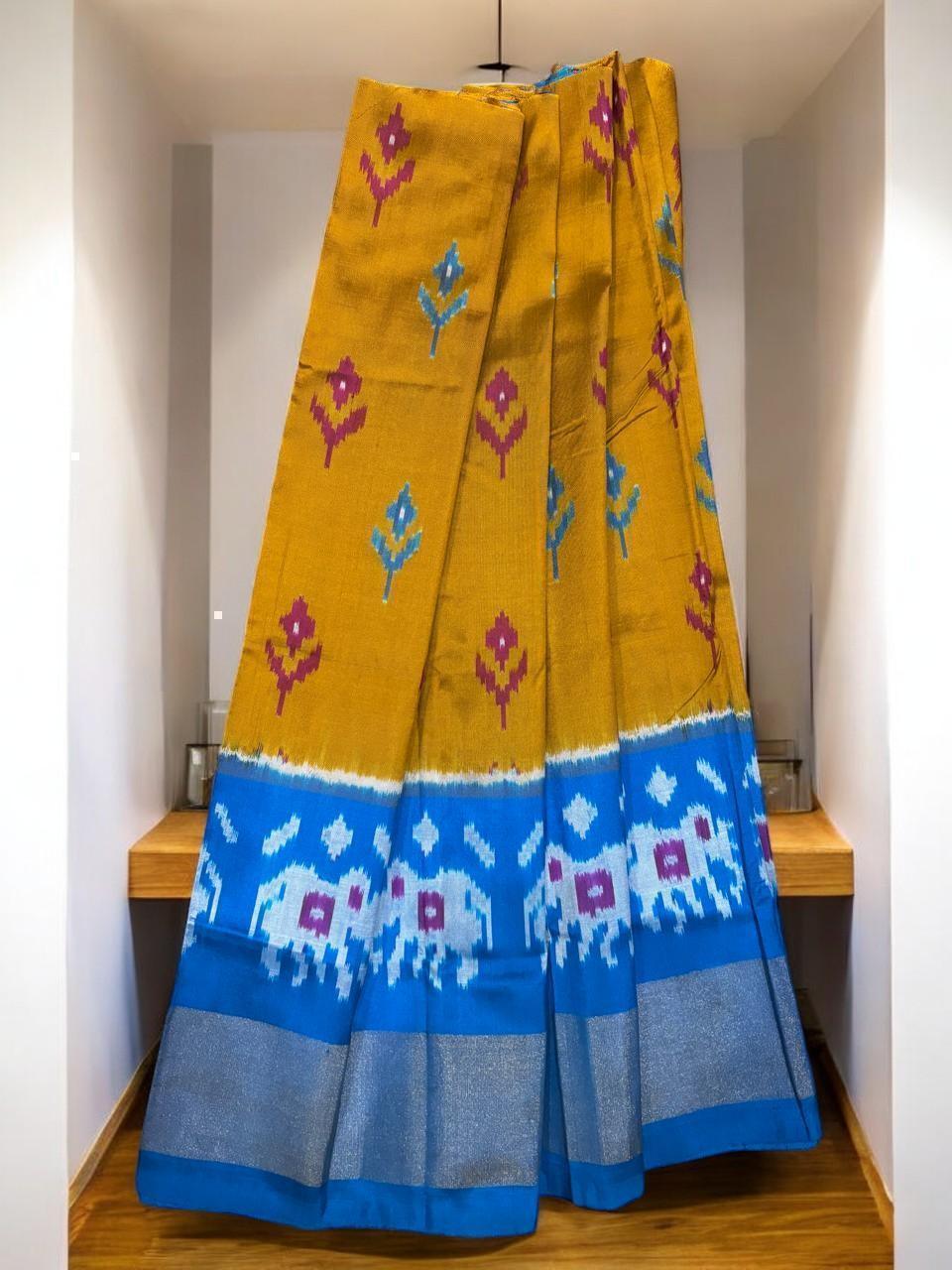 IKKAT KIDS YELLOW BLUE COLOR LEHENGA - pochampallysarees.com