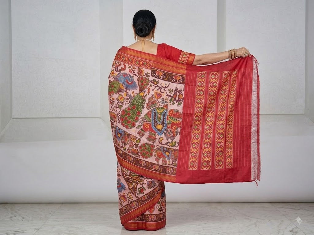 Back view of drape showing intricate motifs and rich red Ikat pallu detail