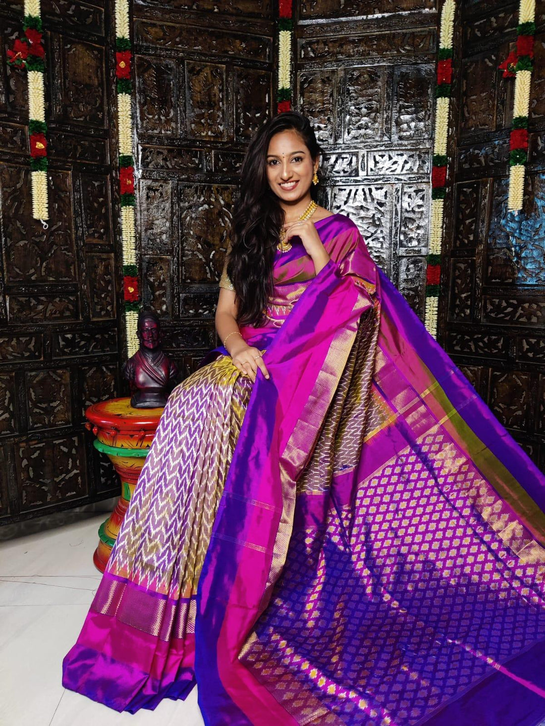 Ikkat Saree Brown Purple - pochampallysarees.com