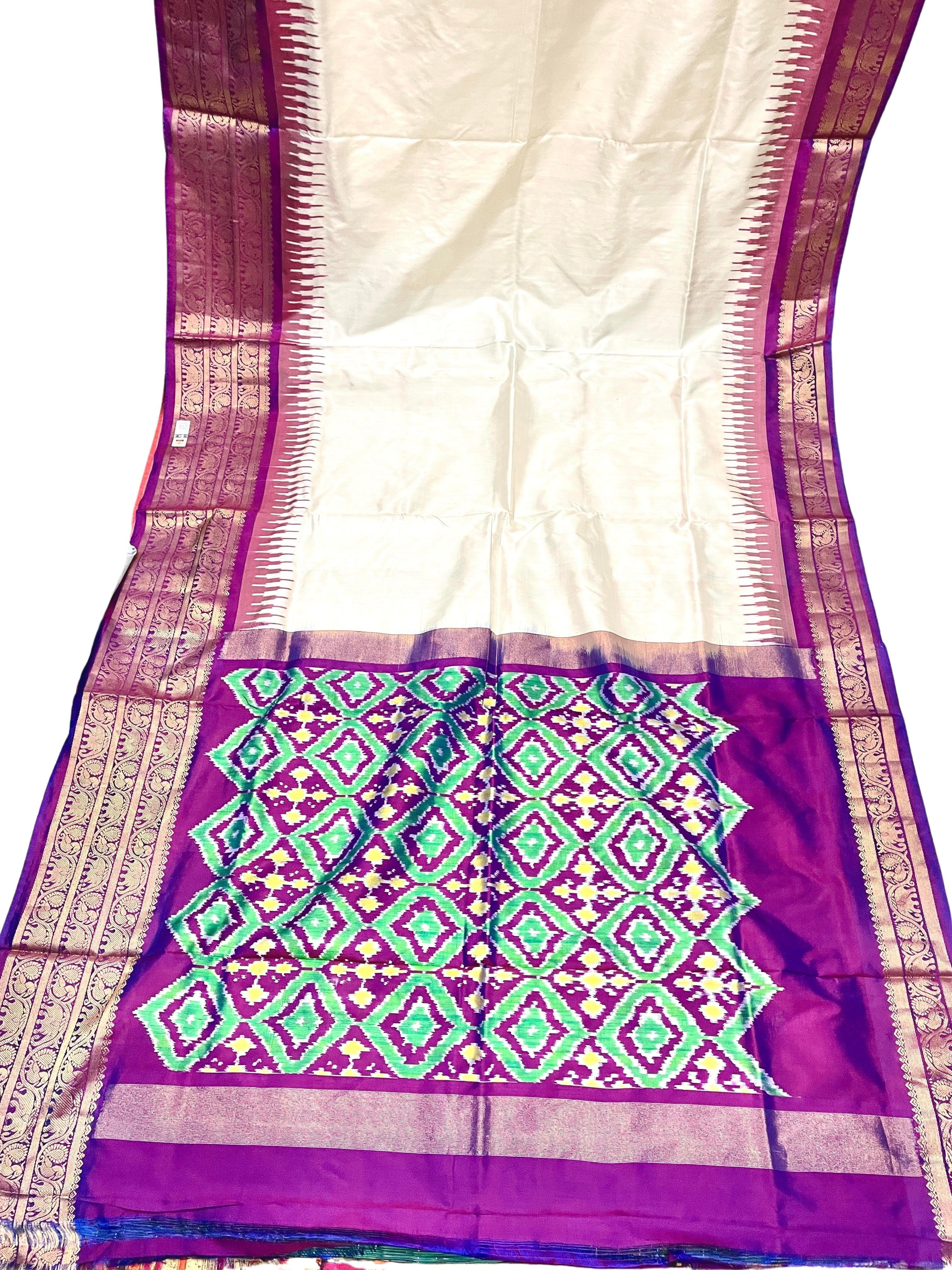 Ikkat Saree Cream With Purple Kanchi Border Saree With Blouse Same As Ikkat Design - pochampallysarees.com