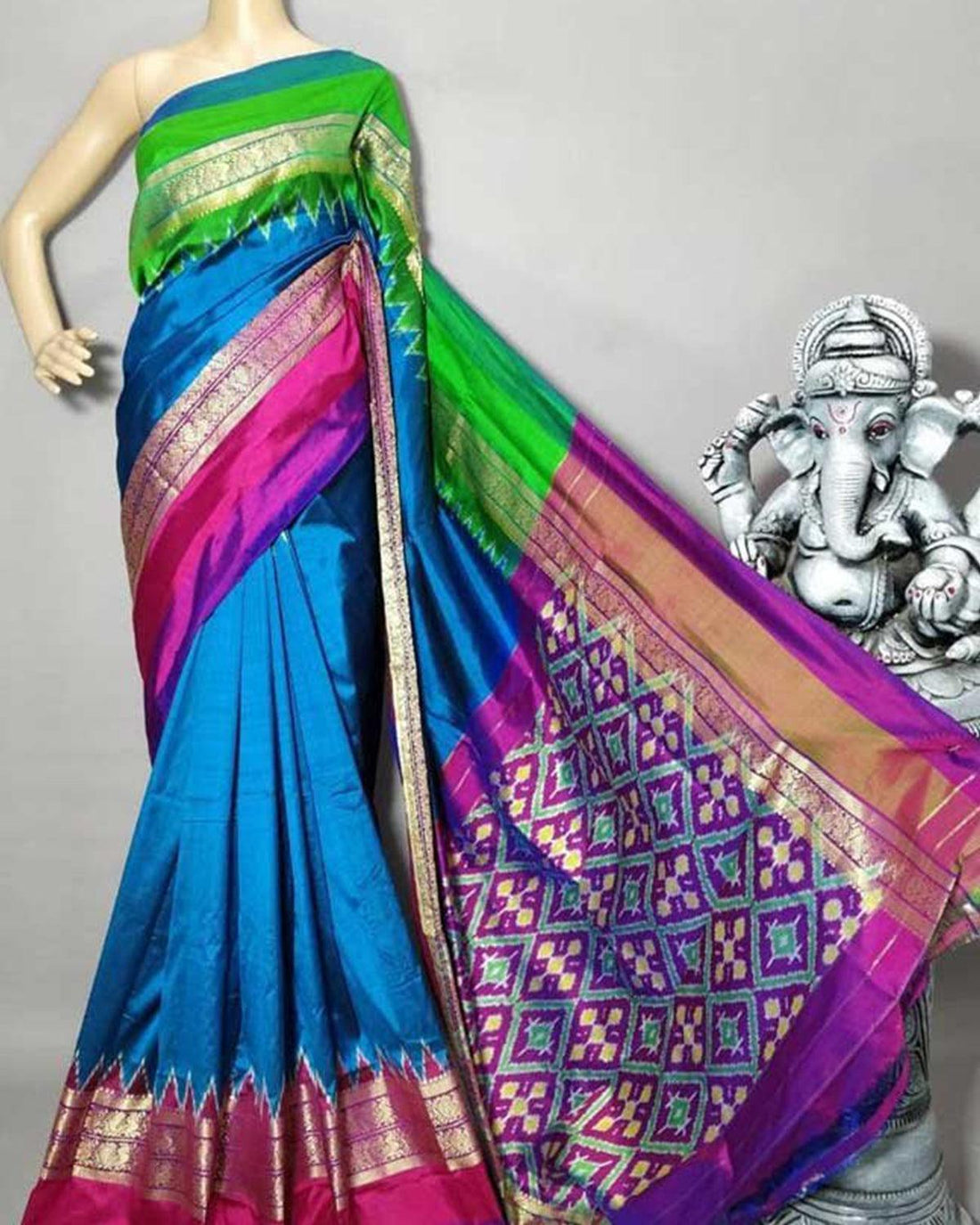 IKKAT SILK BLUE WITH PURPLE COLOR SAREE - pochampallysarees.com