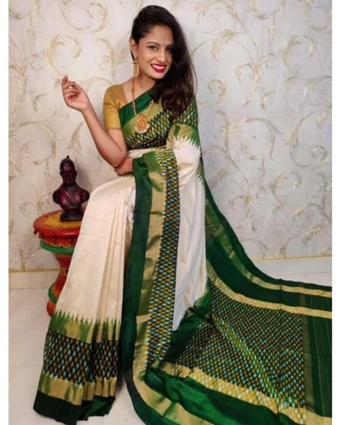 IKKAT SILK CREAM WITH GREEN COLOR SAREE - pochampallysarees.com