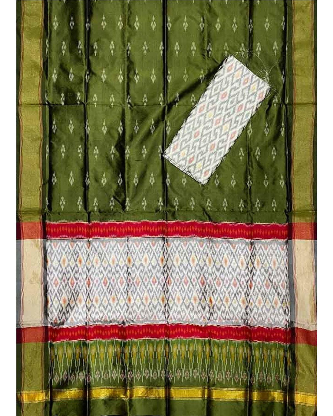 IKKAT SILK OLIVE GREEN WITH WHITE COLOR DRESS MATERIAL - pochampallysarees.com