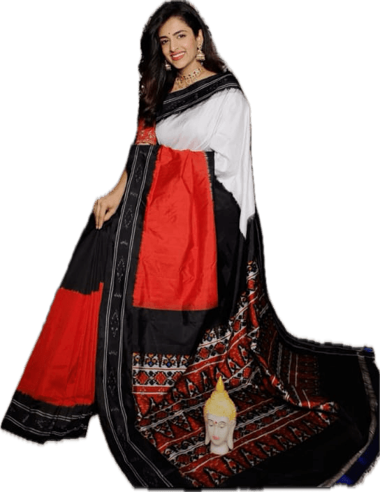 Ikkat White Re Black Saree - pochampallysarees.com