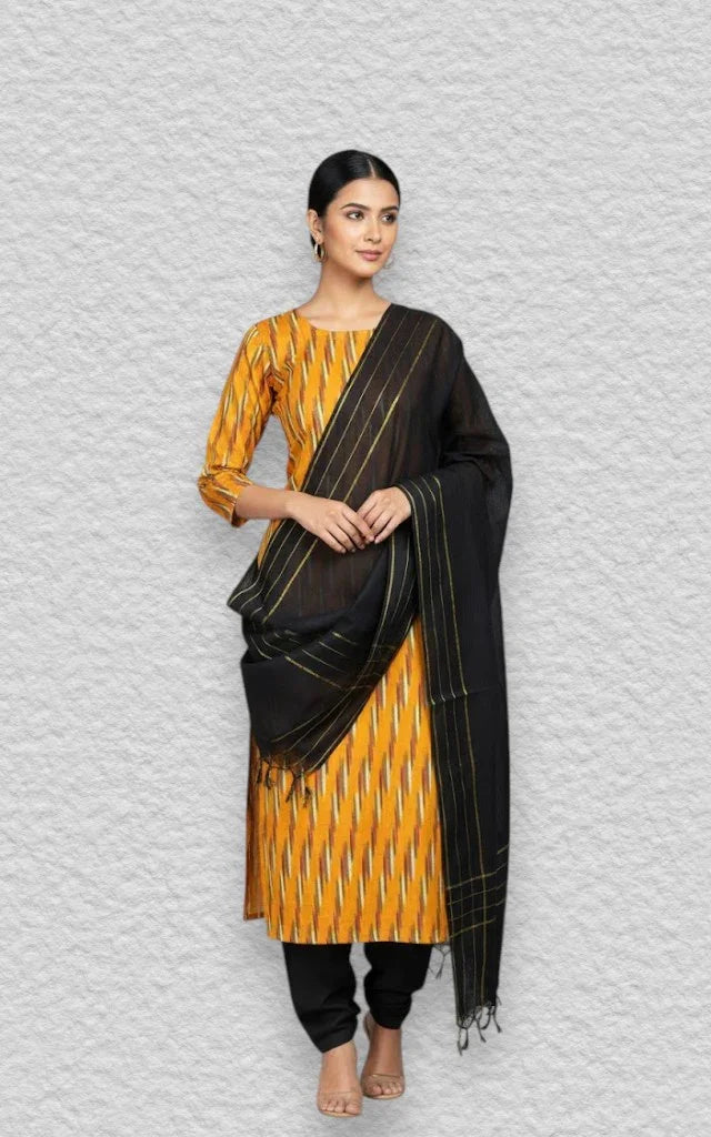 Ikkat Cotton Suite Yellow Black - pochampallysarees.com