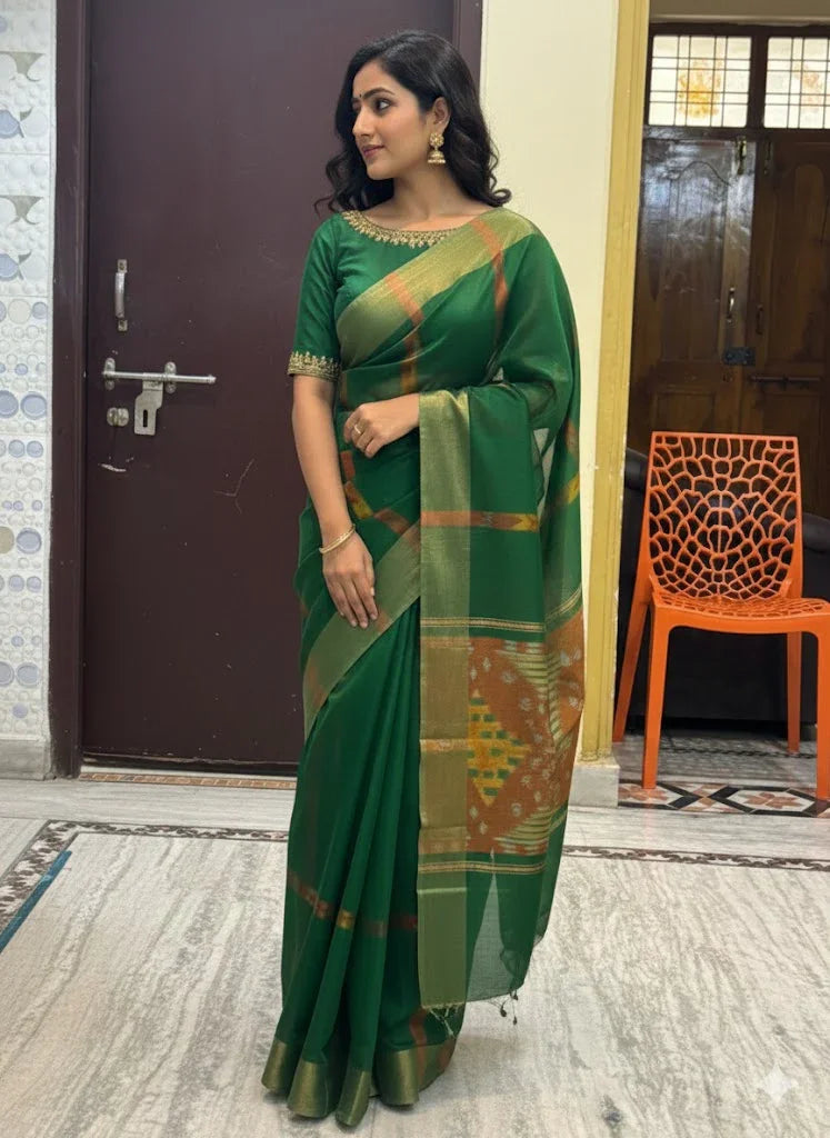 POCHAMPALLY IKKAT SICO GREEN SARI - pochampallysarees.com