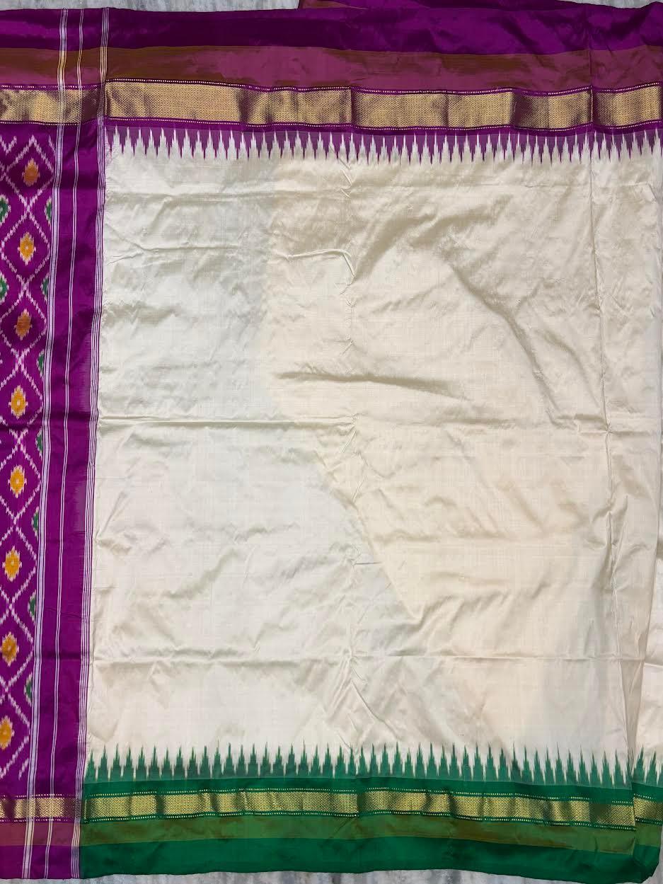 Pure Ikkat Silk Saree in Cream with Dual Contrast Green & Magenta Temple Border | Traditional Festive Wear - pochampallysarees.com