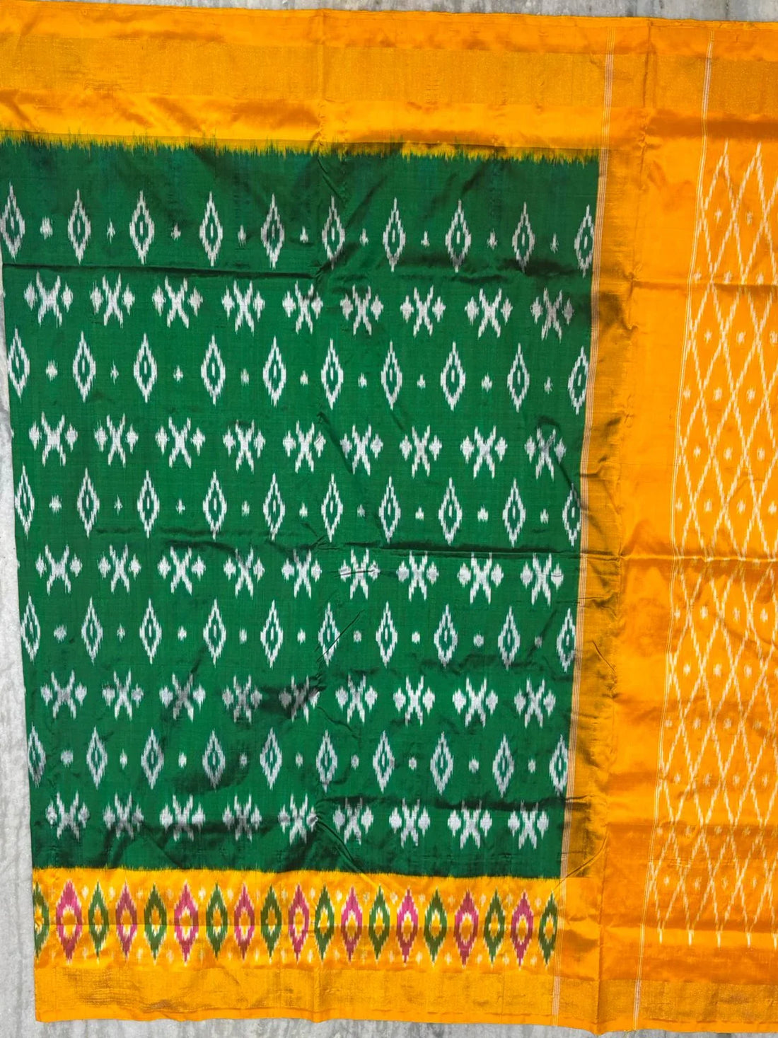 Traditional Emerald Green and Mustard Yellow Pure Ikat Silk Saree - pochampallysarees.com