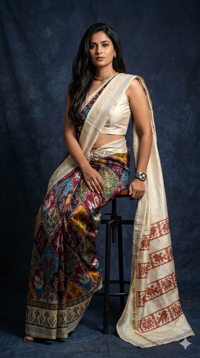 A woman sitting and wearing a designer half-and-half silk saree, featuring a vibrant multi-colored Ikkat Patola pattern on the pleats and a finely striped ivory drape and pallu.