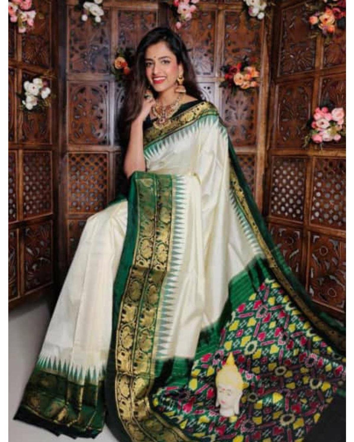 KANCHI IKKAT SILK CREAM WITH GREEN COLOR SAREE –