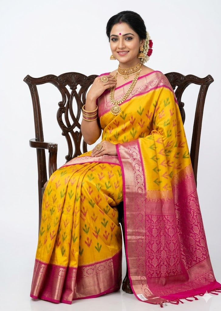 Model sitting on a carved wooden chair showcasing a vibrant yellow Kanchi Soft Silk saree with geometric arrow Ikat weave patterns and a contrasting traditional pink border and pallu with zari work against a white background.