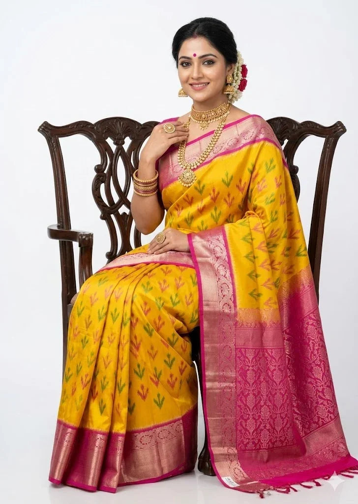 Model sitting on a carved wooden chair showcasing a vibrant yellow Kanchi Soft Silk saree with geometric arrow Ikat weave patterns and a contrasting traditional pink border and pallu with zari work against a white background.