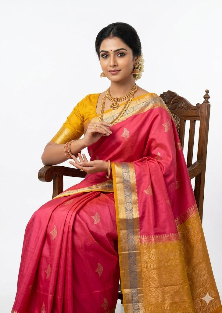Traditional Indian woman seated on a wooden chair wearing a pink Kanchi soft silk saree with a mustard yellow border and matching blouse, isolated on a white background.
