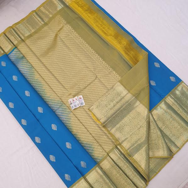Kanchipuram Pure Silk Saree Ananda Blue And Yellow With Zari Woven Buttas And Long Zari Woven Kanchi Border - pochampallysarees.com