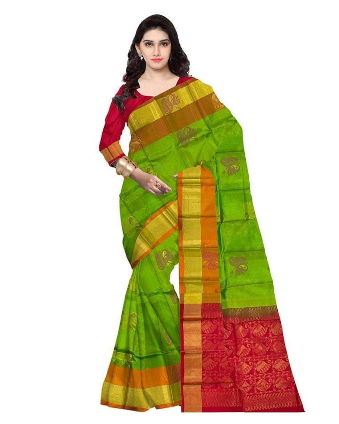 KANCHIVARAM GREEN WITH RED COLOR SAREE - pochampallysarees.com