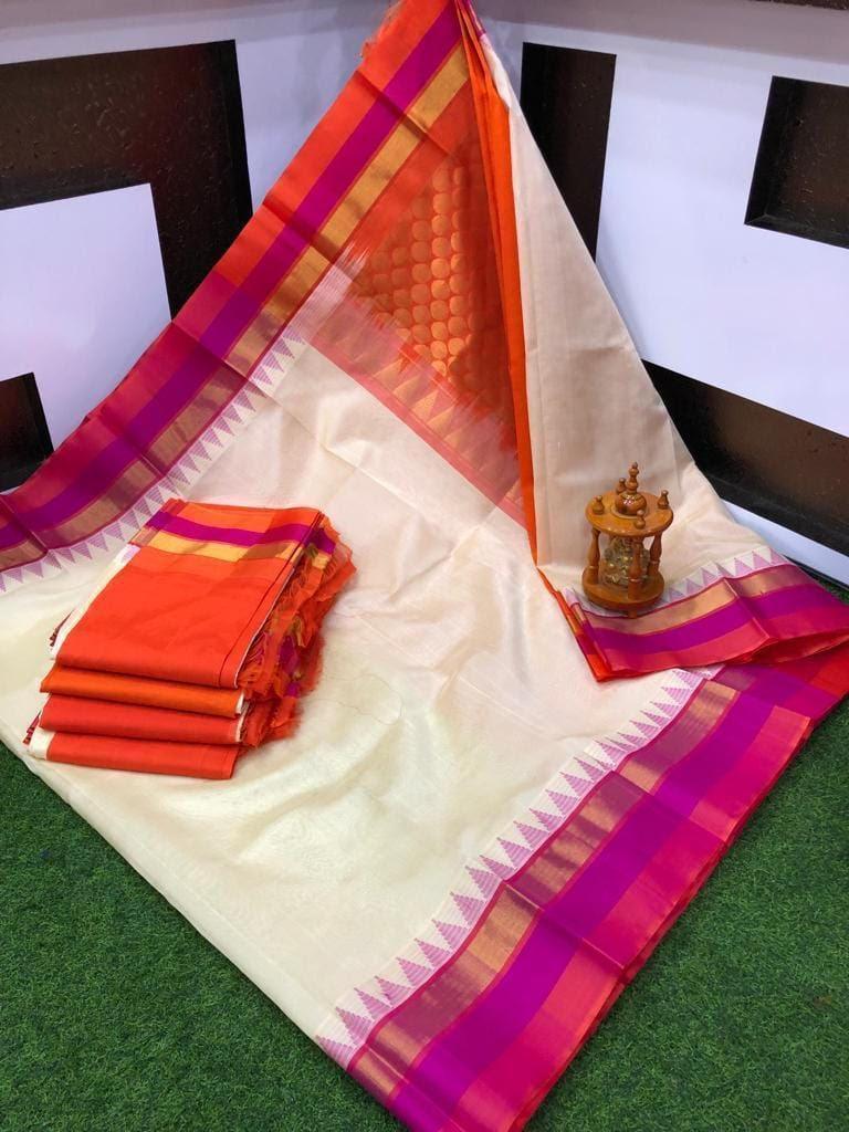 KUPPADAM CREAM WITH ORANGE COLOR SILK SAREE - pochampallysarees.com
