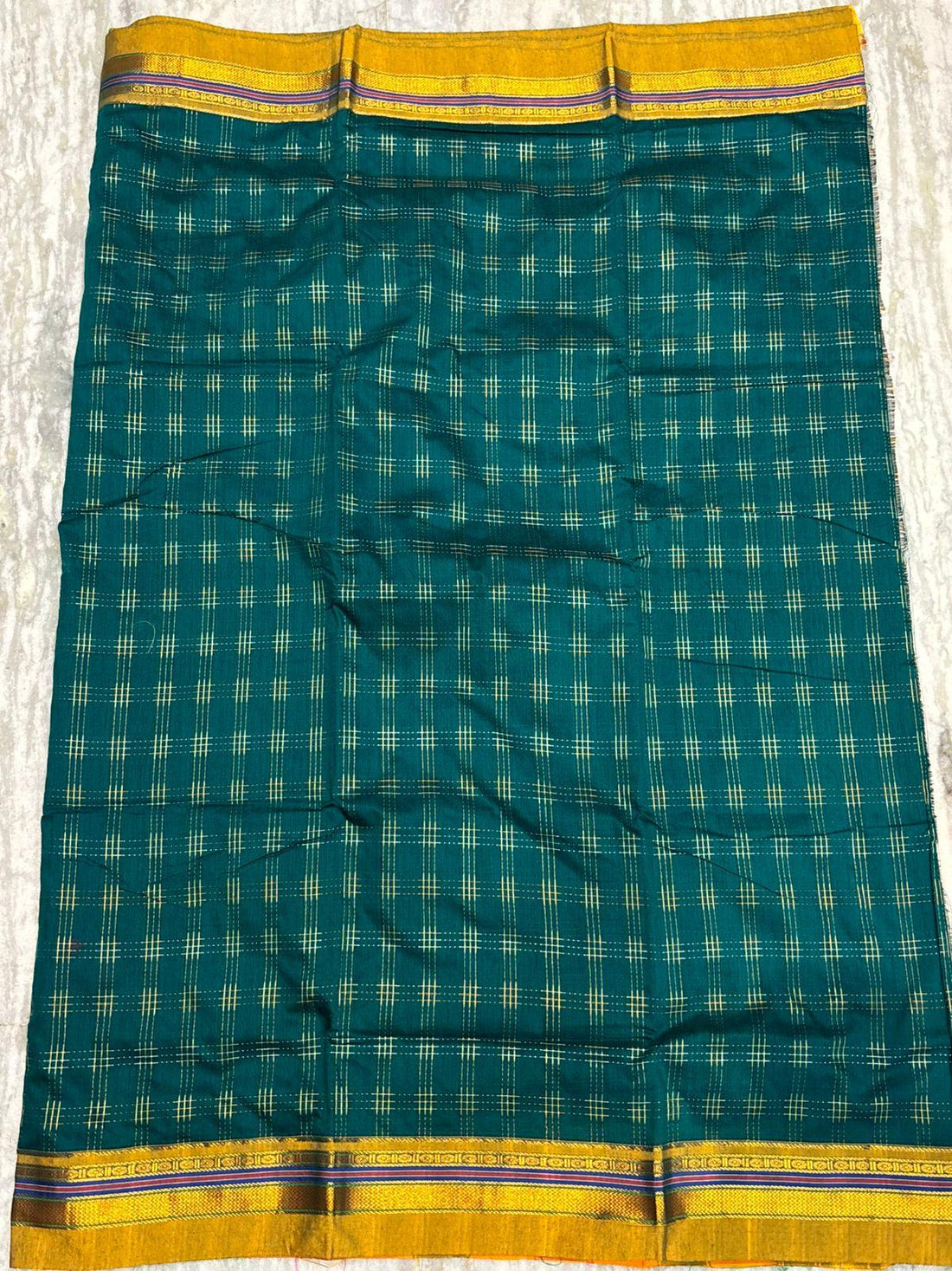 Traditional Deep Green Kuppadam Pattu Silk Saree with Gold Zari Checks & Vibrant Striped Pallu - pochampallysarees.com