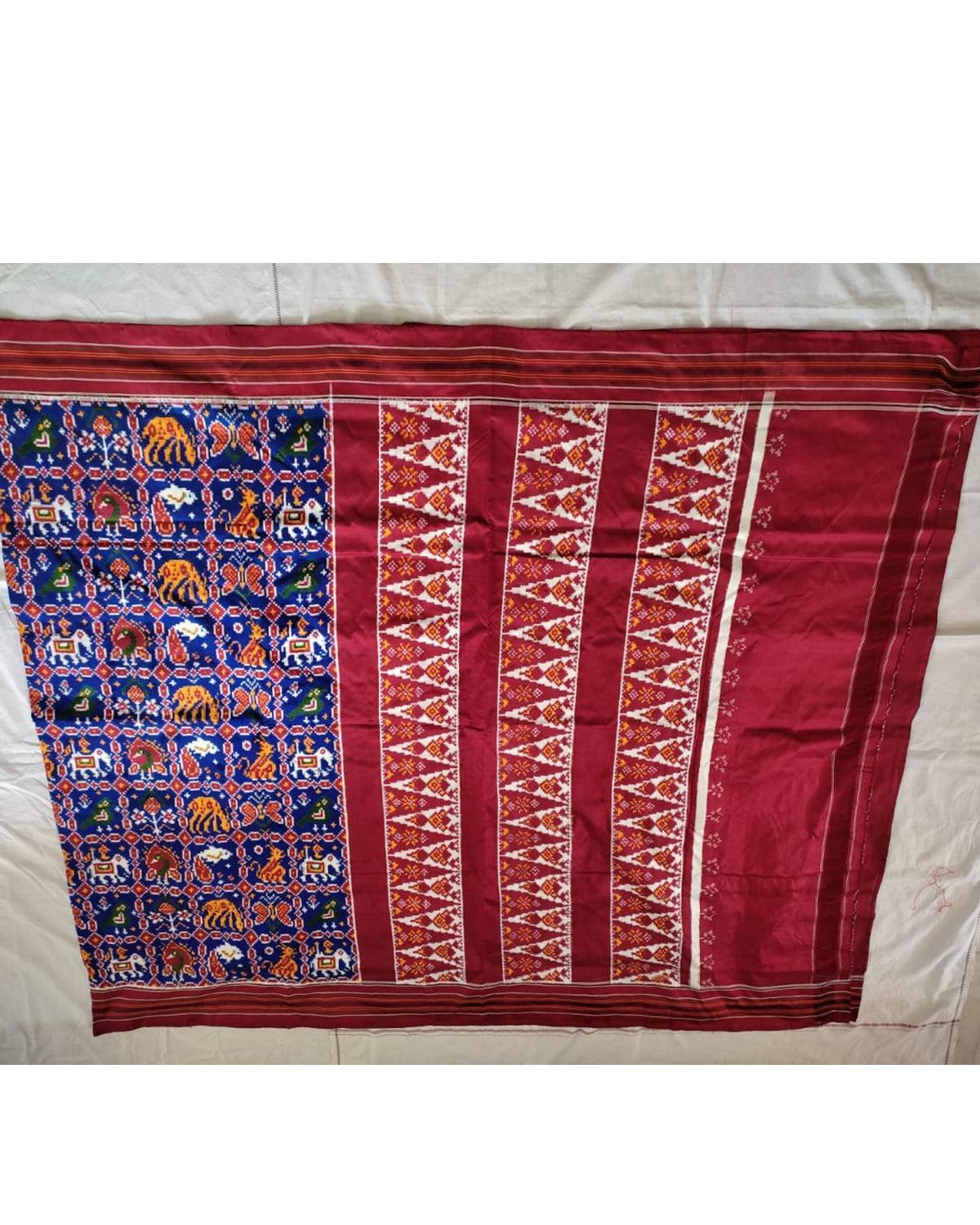 LATEST DESIGNER POCHAMPALLY DOUBLE IKAT PATOLA PATTU BLUE WITH MAROON COLOR SAREE - pochampallysarees.com