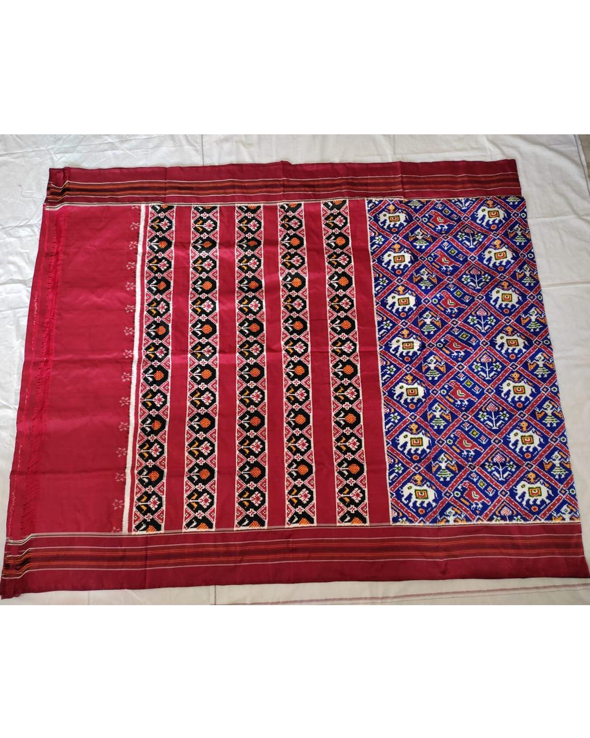 LATEST DESIGNER POCHAMPALLY DOUBLE IKAT PATOLA PATTU BLUE WITH MAROON COLOR SAREE - pochampallysarees.com