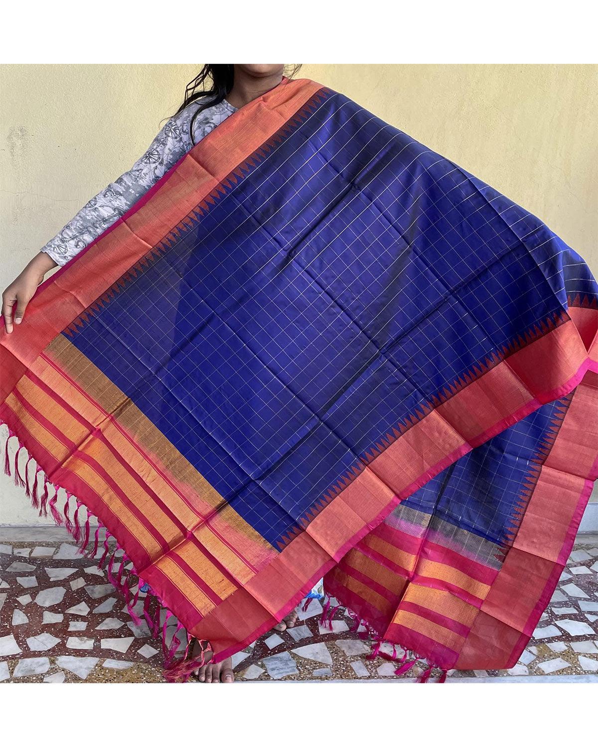 LATEST GADWAL PATTU NAVY BLUE WITH PINK COLOR DUPATTA-GSD04 - pochampallysarees.com