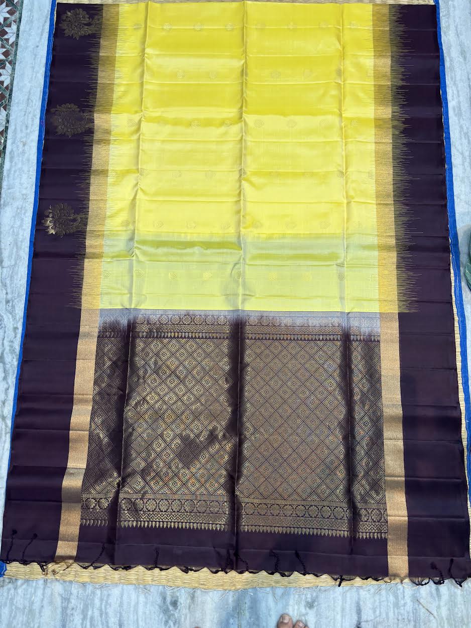 Lemon yellow Kanchi pattu soft silk saree with contrast deep wine gold zari border and rich brocade pallu, Silk Mark certified