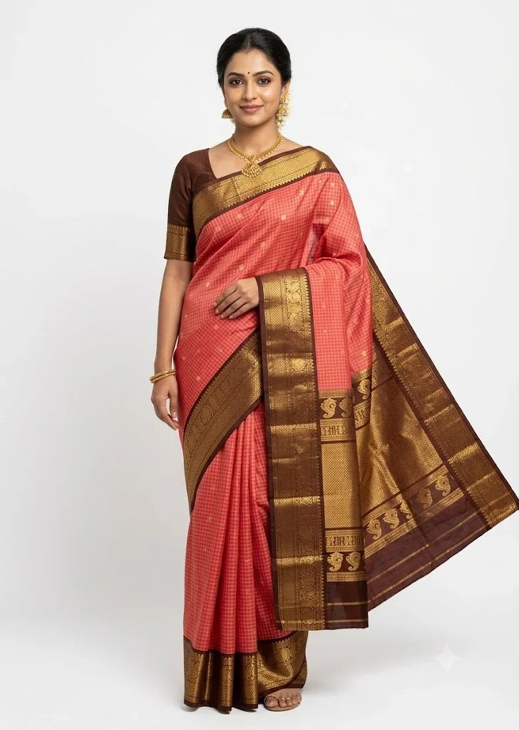 Woman wearing a light red checked Gadwal silk saree featuring a chocolate brown gold zari border and pallu against a plain white studio background.