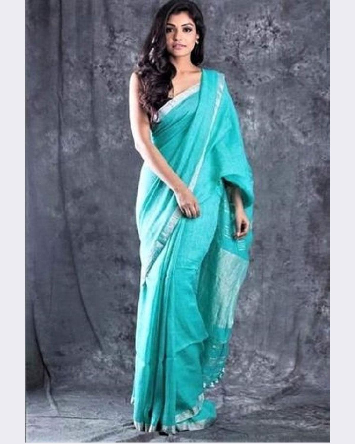 LINEN COTTON ANANDA BLUE COLOR SAREE - pochampallysarees.com