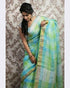 LINEN COTTON SEA GREEN WITH GREEN COLOR CHECKS SAREE - pochampallysarees.com