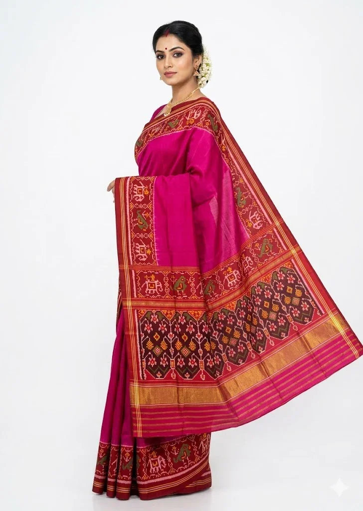 A beautiful Indian woman standing gracefully against a white background, wearing a vibrant magenta pure Patola silk saree. She is showcasing the saree&