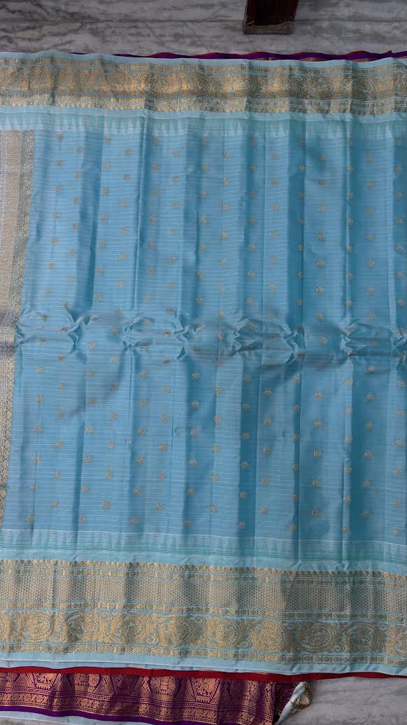 Pure Gadwal Silk Saree in Forest Green Checks with Light Blue Border - pochampallysarees.com