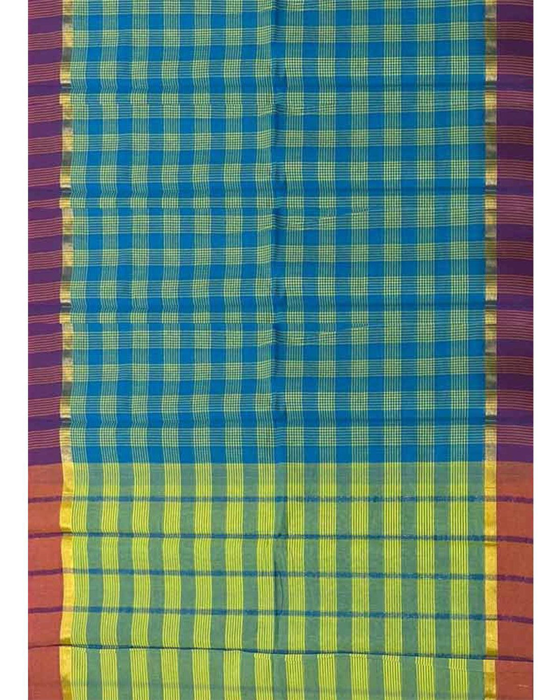 MANGALAGIRI COTTON SAREE CHECKS PARROT GREEN WITH BLUE COLOR - pochampallysarees.com