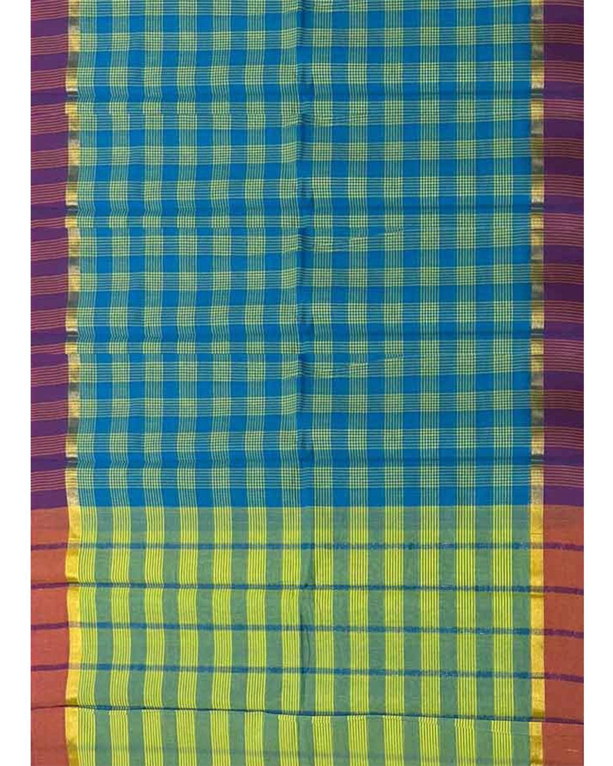 MANGALAGIRI COTTON SAREE CHECKS PARROT GREEN WITH BLUE COLOR - pochampallysarees.com