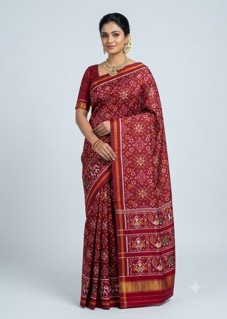 Indian woman standing in a premium handloom maroon Ikkat Patola silk saree with gold border and figural weaving.