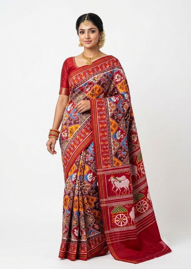 Woman modeling a traditional maroon Pochampally Ikat silk saree with geometric Patola patterns and a Pichwai cow motif pallu