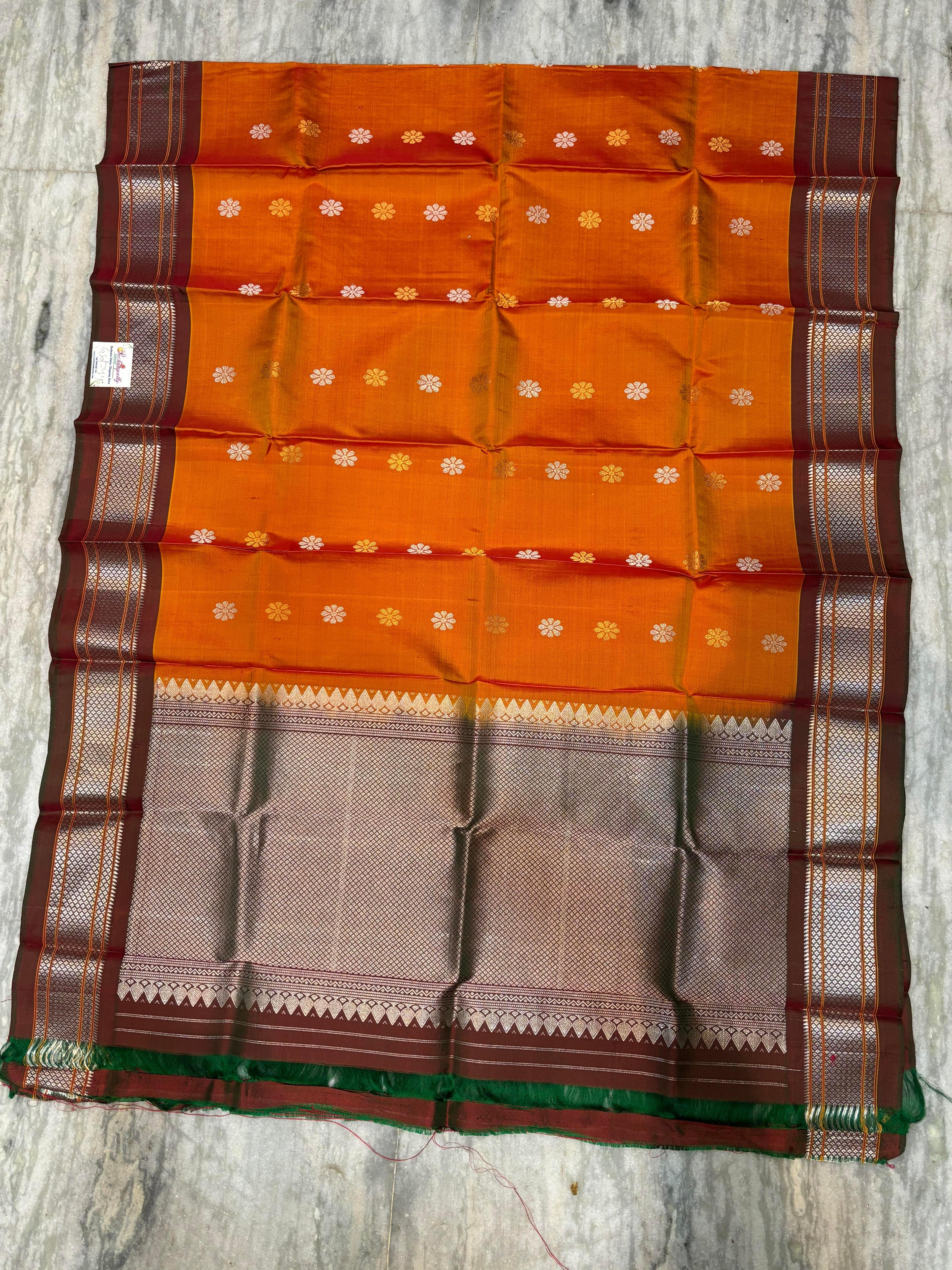 Handwoven Gadwal Silk Dupatta in Mustard Gold with Silver Zari Temple Border - pochampallysarees.com
