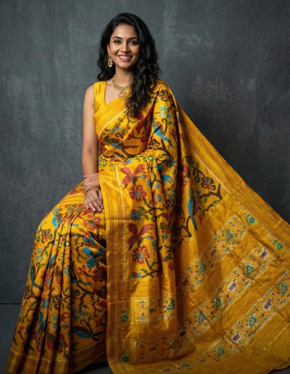 A smiling woman sitting and wearing a vibrant mustard yellow silk saree featuring intricate multi-colored floral and bird motifs, paired with a matching yellow sleeveless blouse.