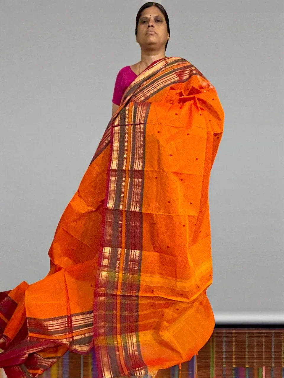 NARAYANPET COTTON SAREE YELLOW COLOR BUTTI BODY BUTTA GANGA JAMUNA BORDER - pochampallysarees.com