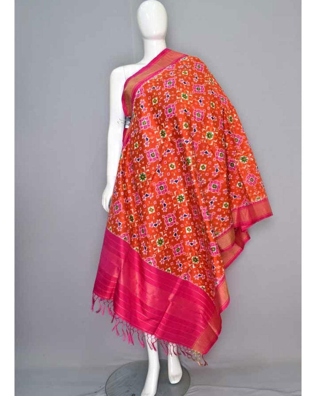 NAVARATAN DOUBLE IKAT ORANGE COLOUR SILK DUPATTA - pochampallysarees.com