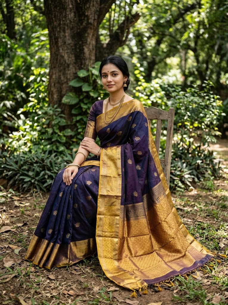 Young Indian woman seated outdoors wearing an elegant navy blue semi Dharmavaram silk saree with a rich gold zari border and heavy brocade pallu.