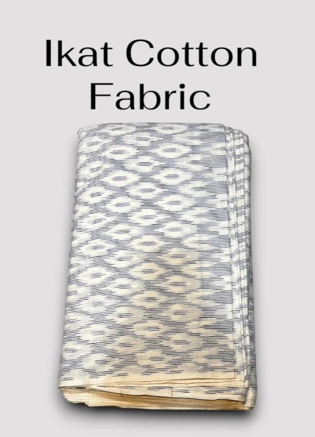 Folded off-white handloom Pochampally ikat cotton fabric with black geometric motifs