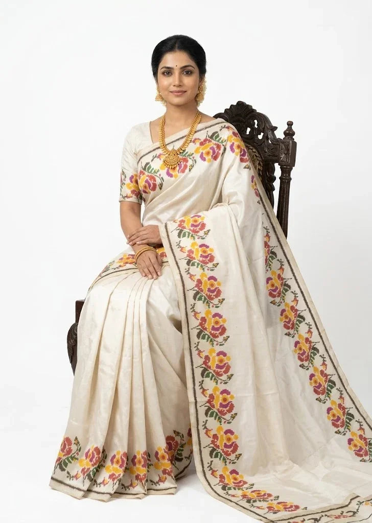 Descriptive & Direct: Traditional Indian woman sitting gracefully in an off-white Pochampally Ikkat silk saree featuring a vibrant multi-colored floral border.