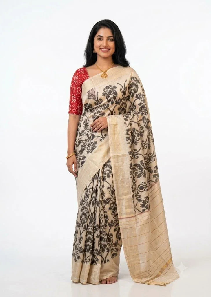 A woman smiling while modeling an elegant off-white Ikat silk saree with black patterns and a contrast red blouse.