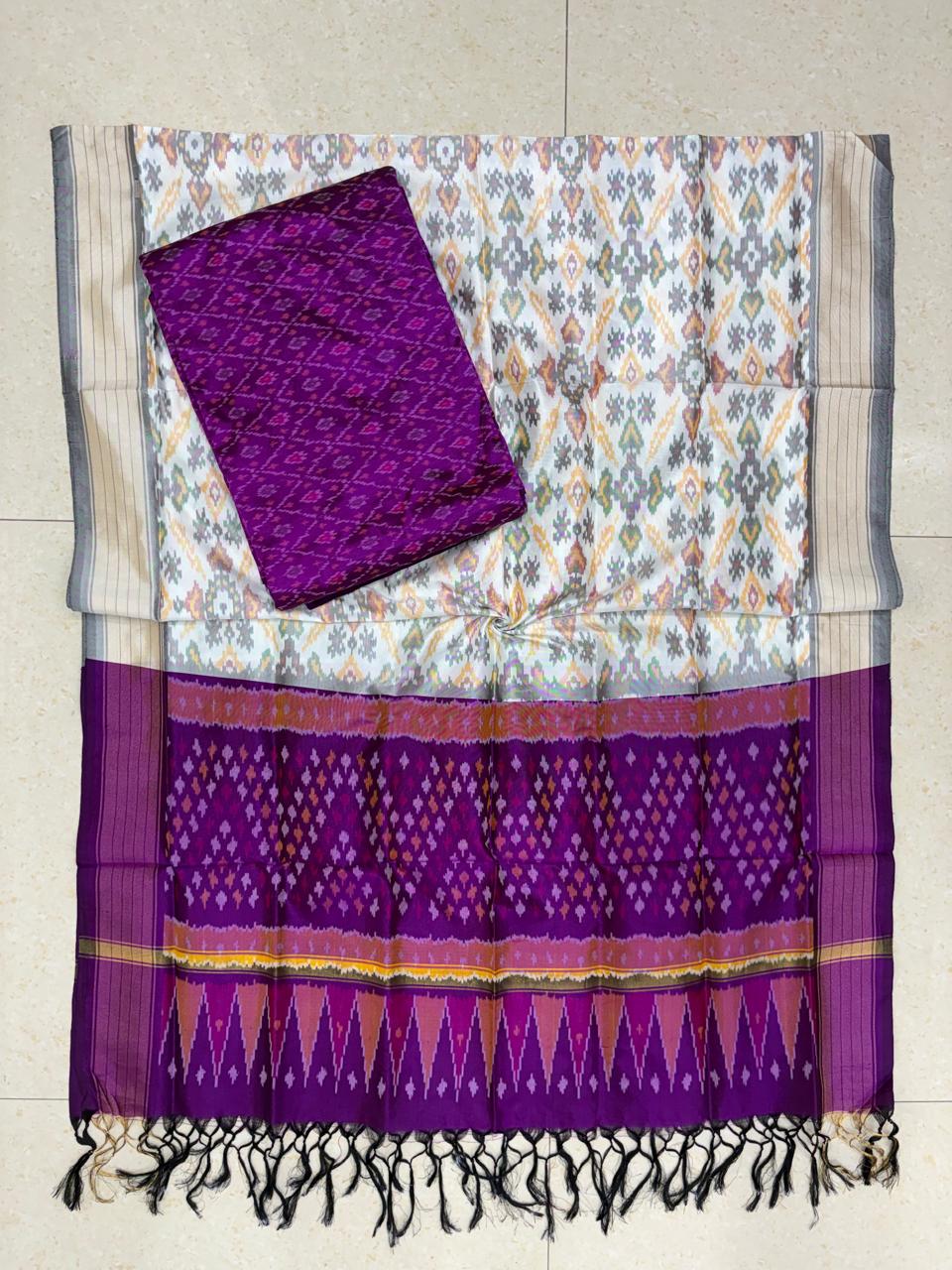 Handwoven off-white pure Pochampally Ikat silk saree with contrast purple geometric pallu and matching blouse fabric