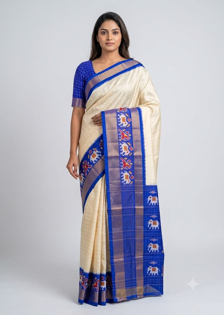 Traditional South Indian woman modeling an off-white handloom silk saree with a royal blue Ikkat elephant border and matching grid blouse, full front and back view on neutral background.